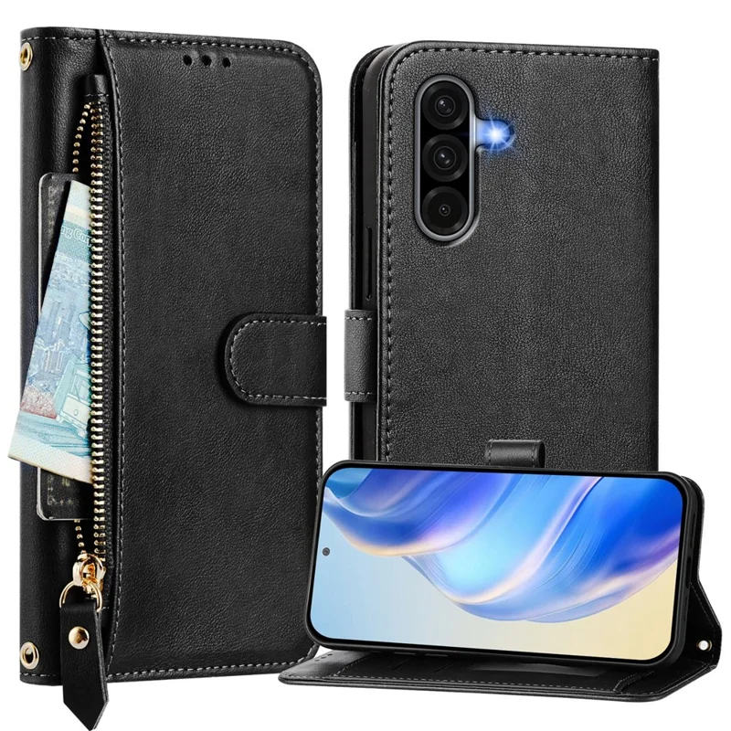 Capa para Samsung Galaxy A36 5G com bolso com zíper, slots múltiplos para cartões e cobertura de telefone em couro - Preto