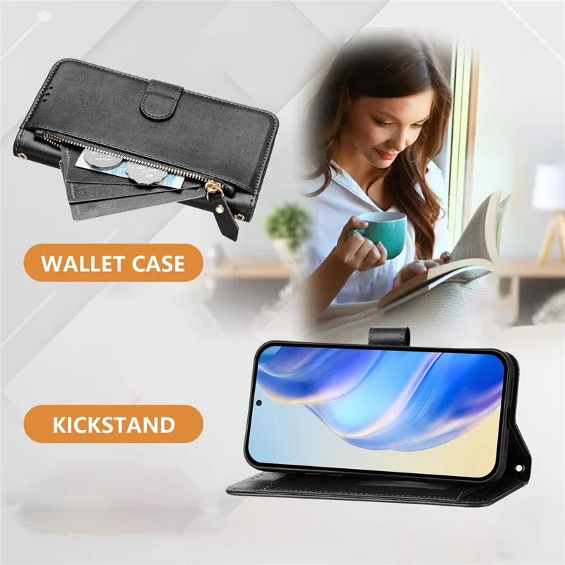 Capa para Samsung Galaxy A36 5G com bolso com zíper, slots múltiplos para cartões e cobertura de telefone em couro - Preto