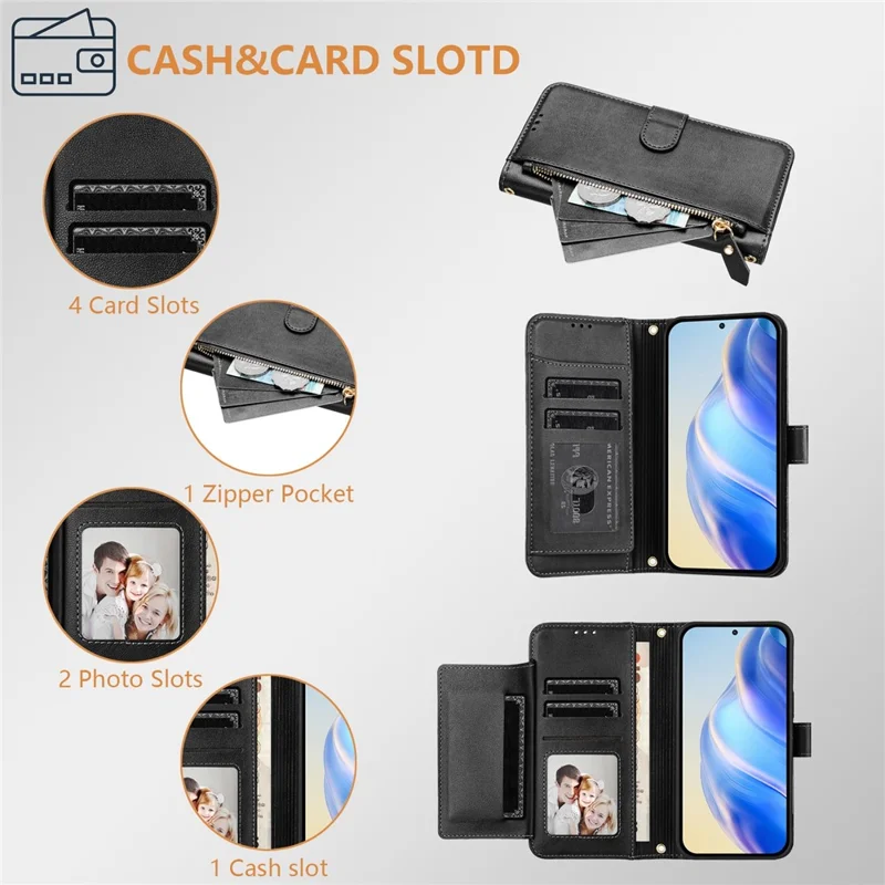 Capa para Samsung Galaxy A36 5G com bolso com zíper, slots múltiplos para cartões e cobertura de telefone em couro - Preto