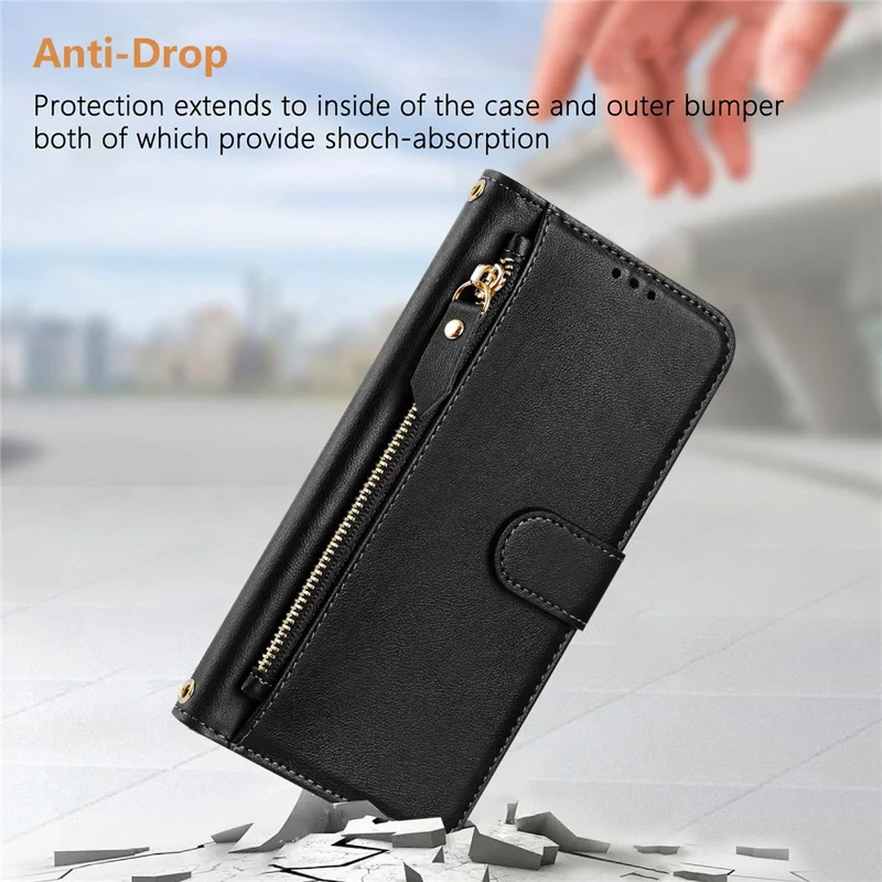 Capa para Samsung Galaxy A36 5G com bolso com zíper, slots múltiplos para cartões e cobertura de telefone em couro - Preto