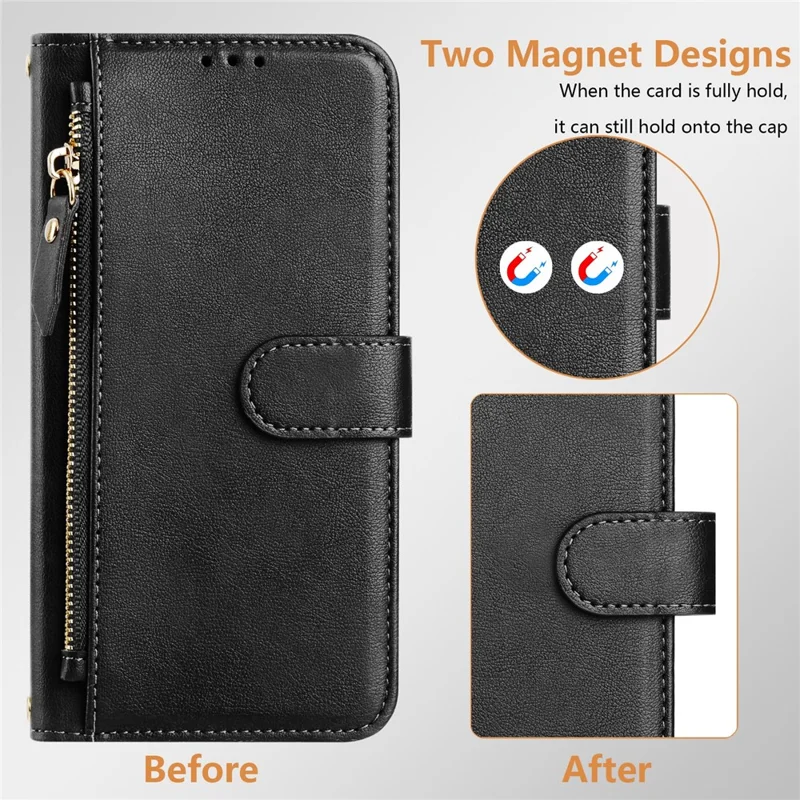 Capa para Samsung Galaxy A36 5G com bolso com zíper, slots múltiplos para cartões e cobertura de telefone em couro - Preto