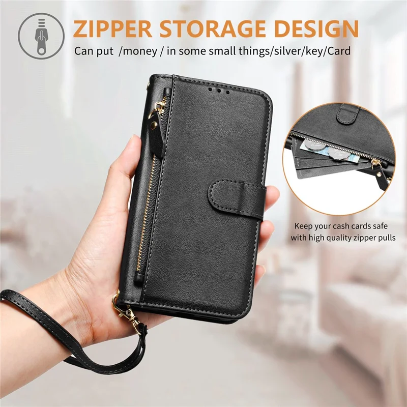 Capa para Samsung Galaxy A36 5G com bolso com zíper, slots múltiplos para cartões e cobertura de telefone em couro - Preto