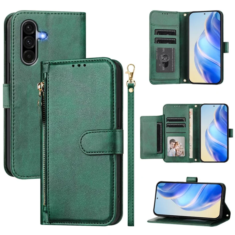 For Samsung Galaxy A36 5G Case Zipper Pocket Multiple Card Slots Leather Phone Cover - Green
