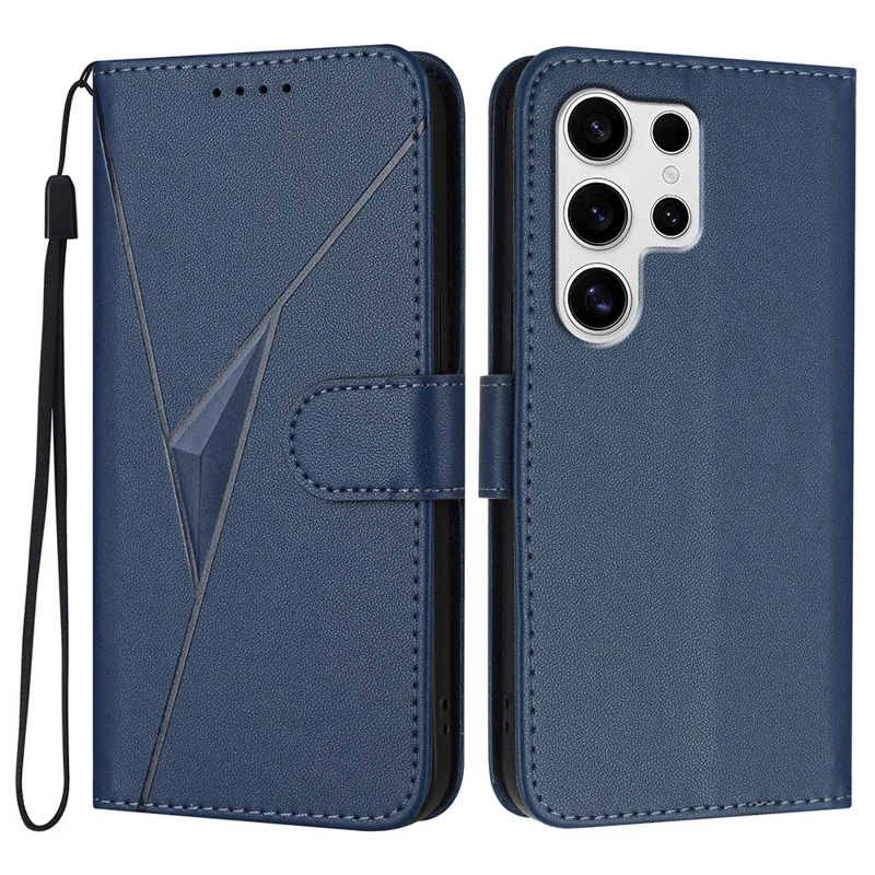 YX0090 For Samsung Galaxy S25 Ultra Case Triangle Imprint Leather Phone Cover with Lanyard - Sapphire