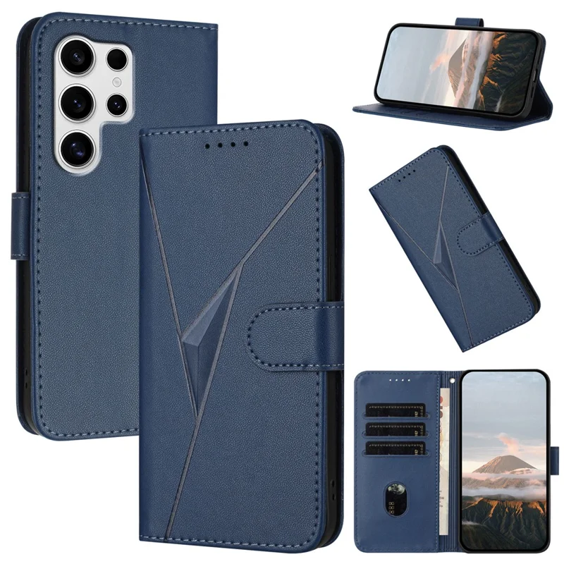 YX0090 For Samsung Galaxy S25 Ultra Case Triangle Imprint Leather Phone Cover with Lanyard - Sapphire