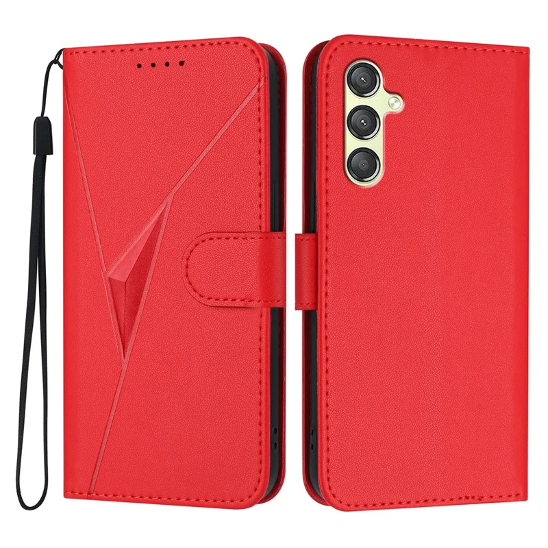Custodia per Samsung Galaxy A55 5G, cover in pelle con stampa a triangoli e cordino - Rosso