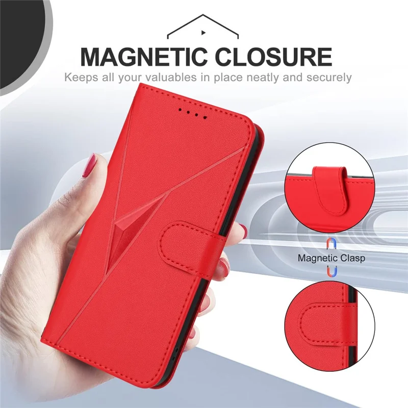 Custodia per Samsung Galaxy A55 5G, cover in pelle con stampa a triangoli e cordino - Rosso