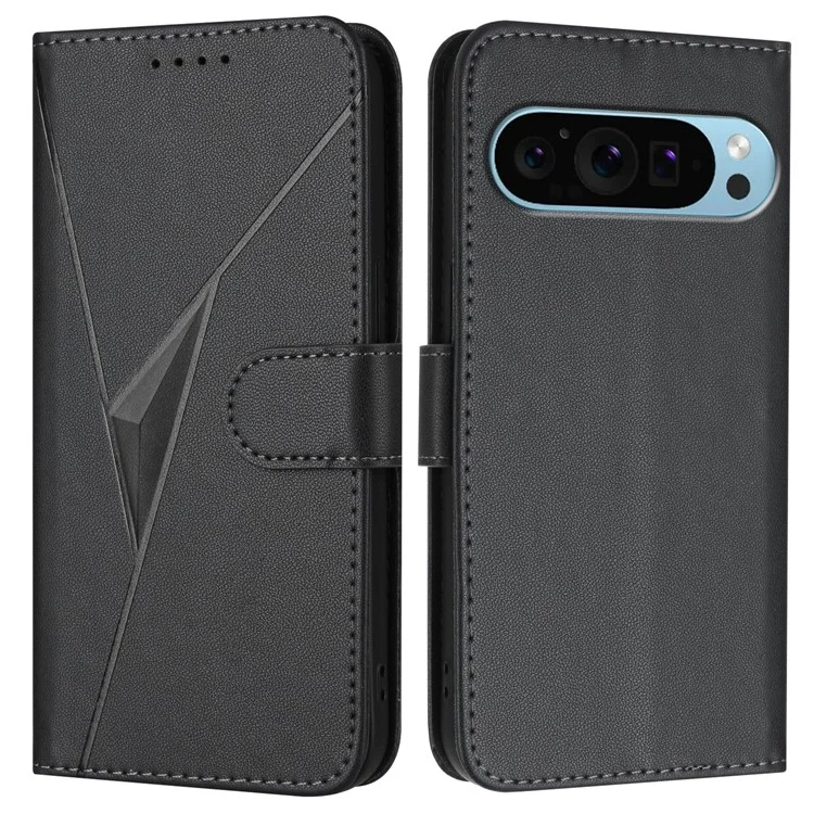 Für Google Pixel 9 Pro / Pixel 9 Hülle Dreieck-Prägung Lederhandy-Cover mit Schlüsselband - Schwarz