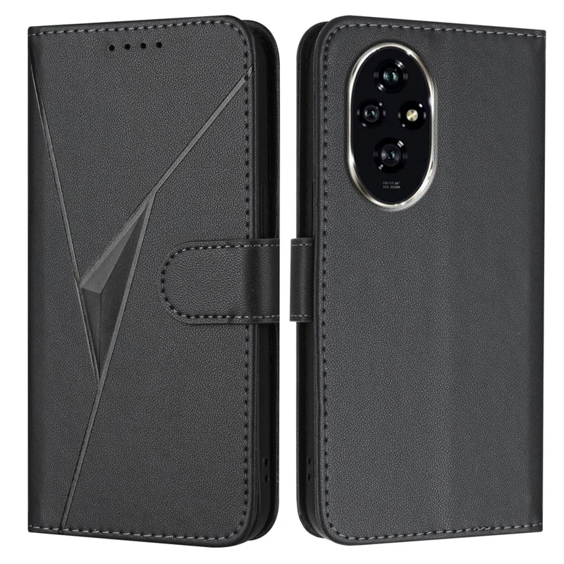For Honor 200 Pro 5G Case Triangle Imprint Leather Phone Cover with Lanyard - Black