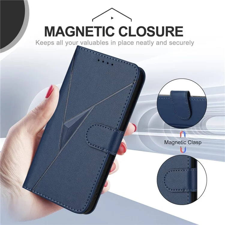 YX0090 For Motorola Moto G Play (2024) 4G Case Triangle Imprint Leather Phone Cover with Lanyard - Sapphire