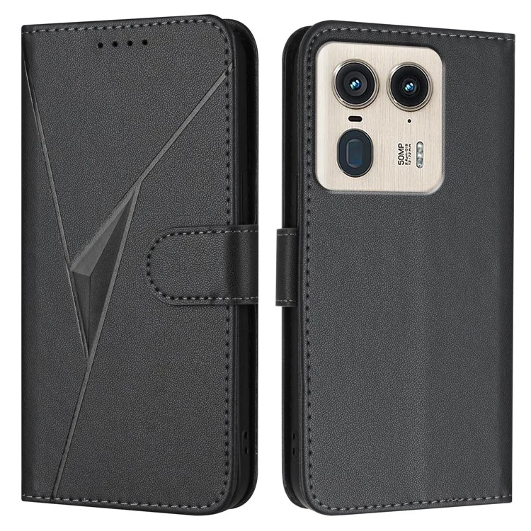 Für Motorola Moto X50 Ultra 5G / Edge 50 Ultra 5G Hülle Dreiecks-Prägung Leder-Handyhülle mit Schlüsselband - Schwarz