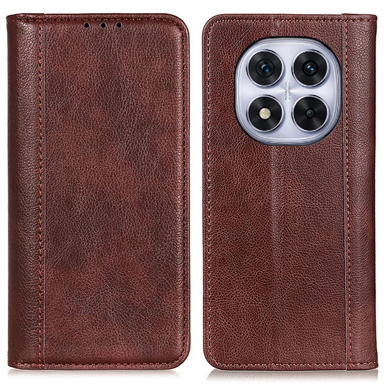 Capa de suporte para Xiaomi Redmi Note 14 Pro 4G, de couro dividido com textura de lichia, marrom.