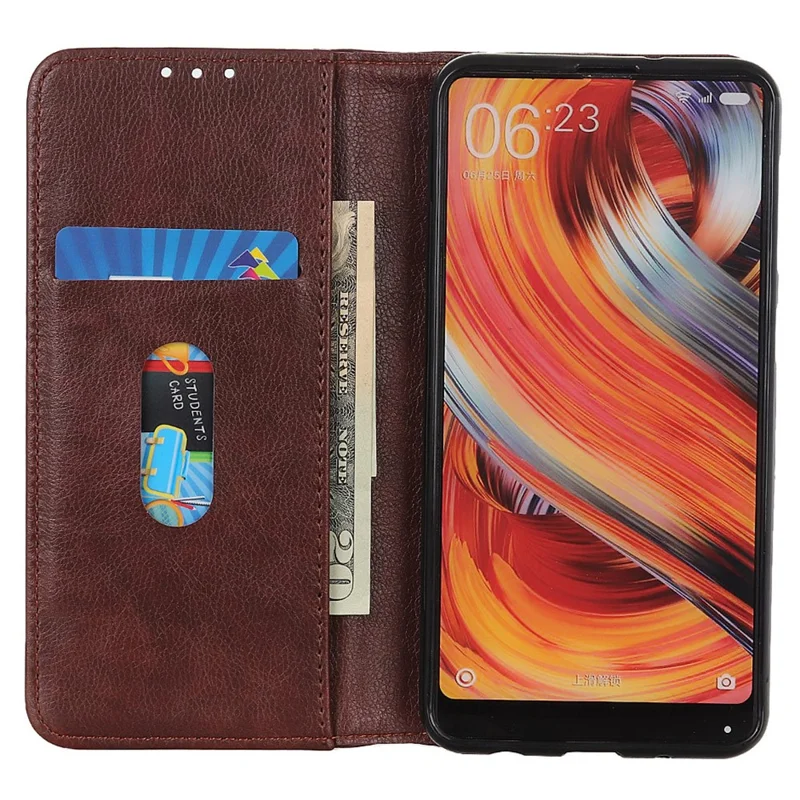 Capa de suporte para Xiaomi Redmi Note 14 Pro 4G, de couro dividido com textura de lichia, marrom.