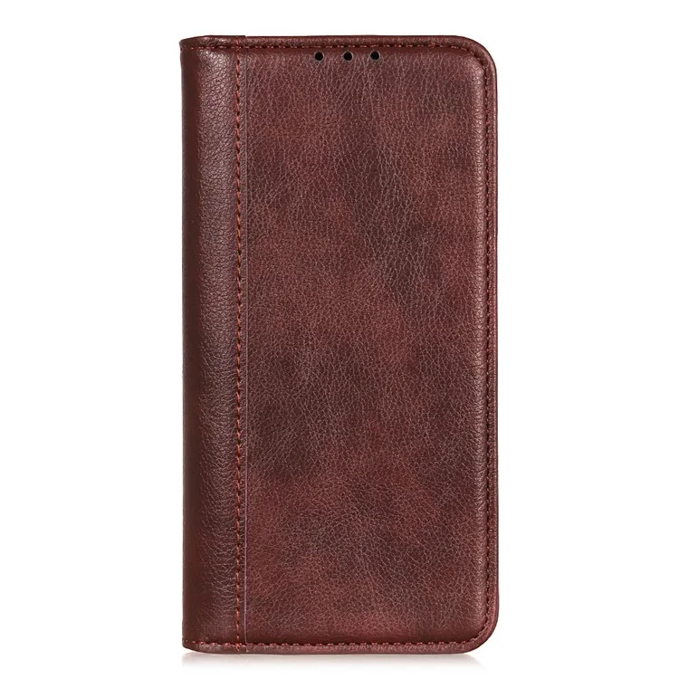 Capa de suporte para Xiaomi Redmi Note 14 Pro 4G, de couro dividido com textura de lichia, marrom.