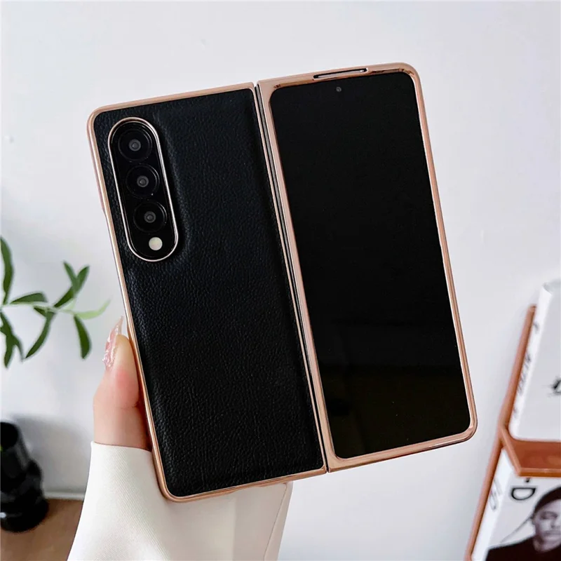 For Samsung Galaxy Z Fold4 5G Horizon Series Nano Electroplating Phone Case PU Leather Coated Hard PC Protective Cover - Black