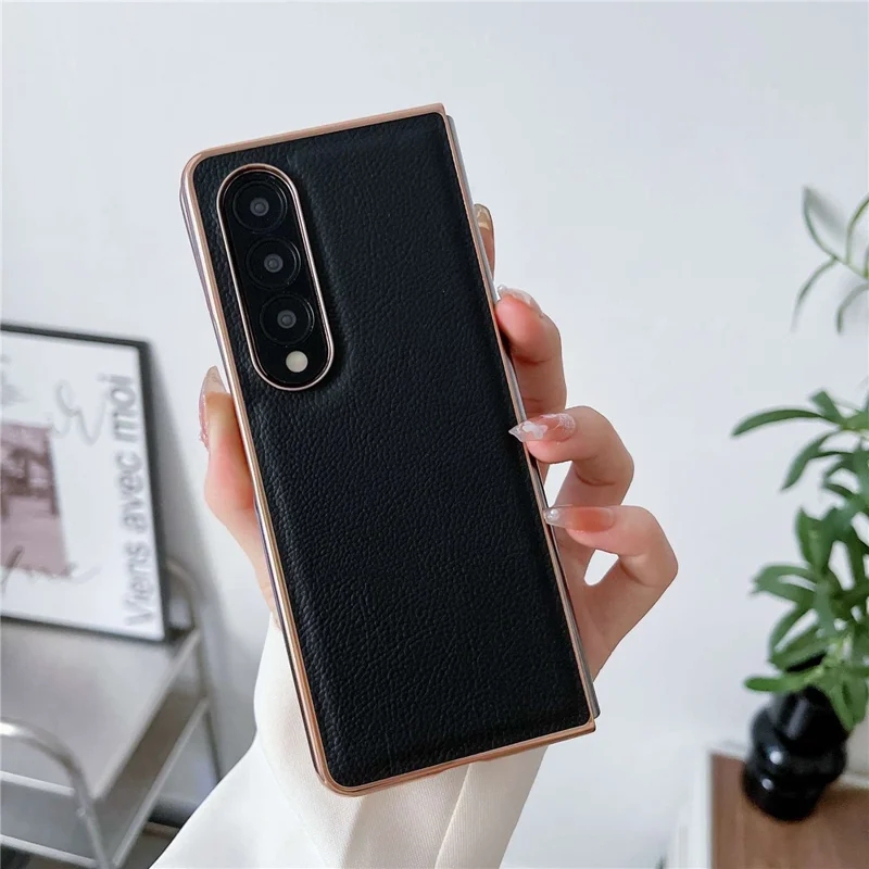 For Samsung Galaxy Z Fold4 5G Horizon Series Nano Electroplating Phone Case PU Leather Coated Hard PC Protective Cover - Black