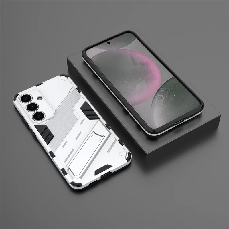 For Samsung Galaxy S25 Case PC+TPU Shockproof Phone Cover with Kickstand - White