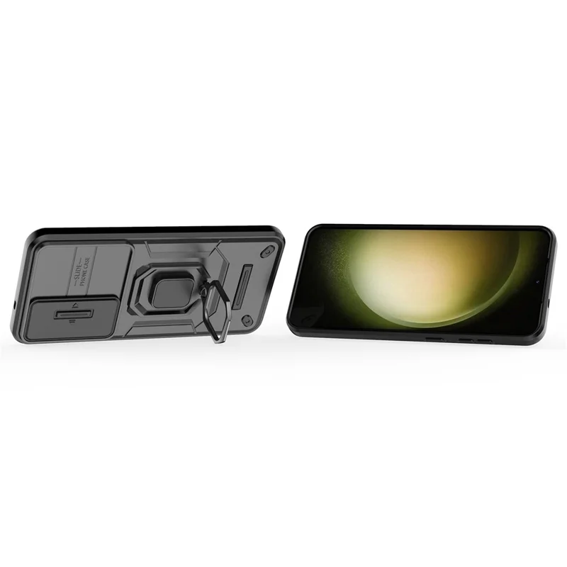 For Samsung Galaxy S25+ Case PC+TPU Kickstand Phone Protector with Lens Cover - Black