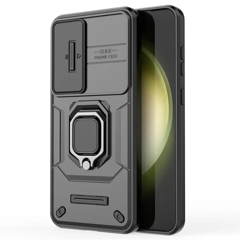 For Samsung Galaxy S25+ Case PC+TPU Kickstand Phone Protector with Lens Cover - Black
