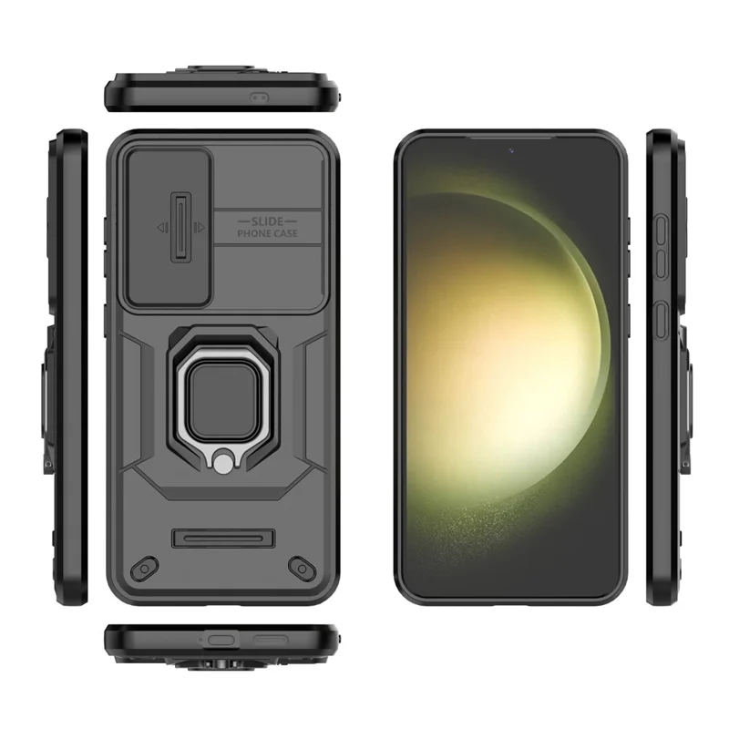 For Samsung Galaxy S25+ Case PC+TPU Kickstand Phone Protector with Lens Cover - Black