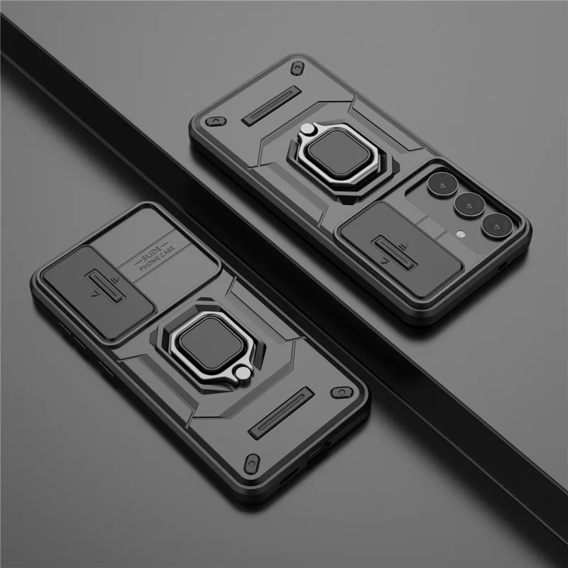 For Samsung Galaxy S25+ Case PC+TPU Kickstand Phone Protector with Lens Cover - Black