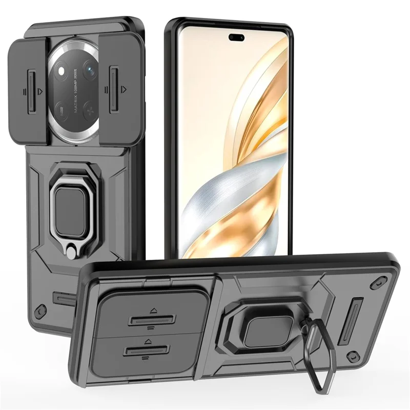 For Honor Magic7 Lite 5G / X9c 5G / X60 Pro 5G Case PC+TPU Kickstand Phone Protector with Lens Cover - Black