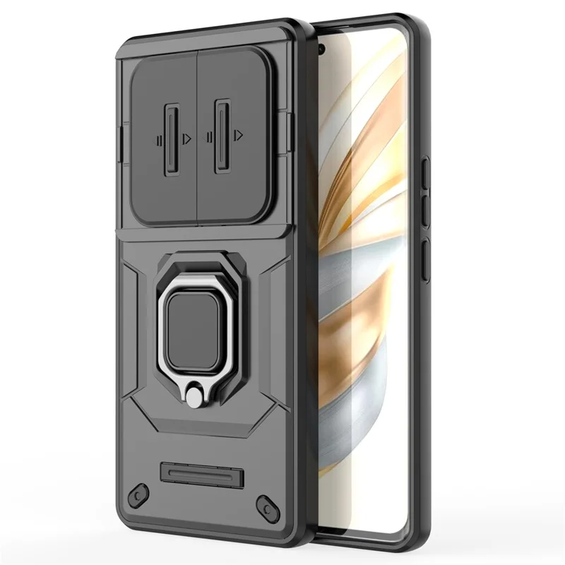 For Honor Magic7 Lite 5G / X9c 5G / X60 Pro 5G Case PC+TPU Kickstand Phone Protector with Lens Cover - Black