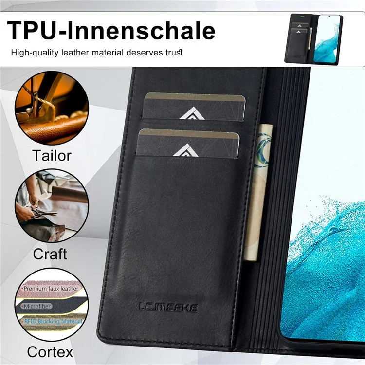 Lc. Imeeke Para Samsung Galaxy S22 5G Anti-scratch Phone Wallet Case Rfid Bloqueo de la Cubierta Del Teléfono Con Soporte - Negro
