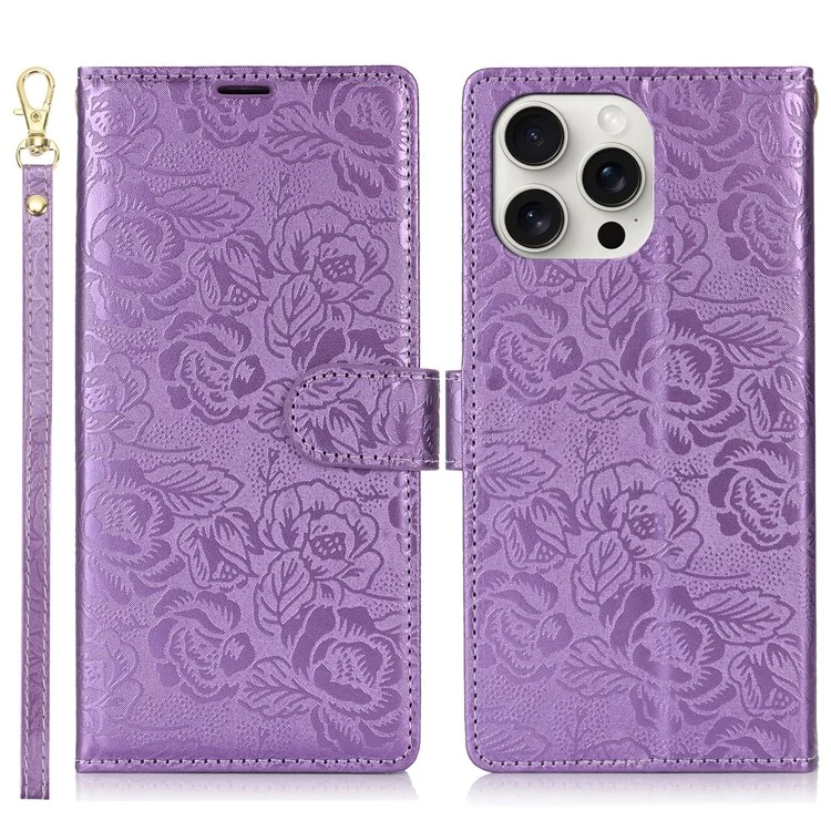 For iPhone 16 Pro Max Case with Hand Strap Flower Imprint Leather Wallet Phone Cover - Purple
