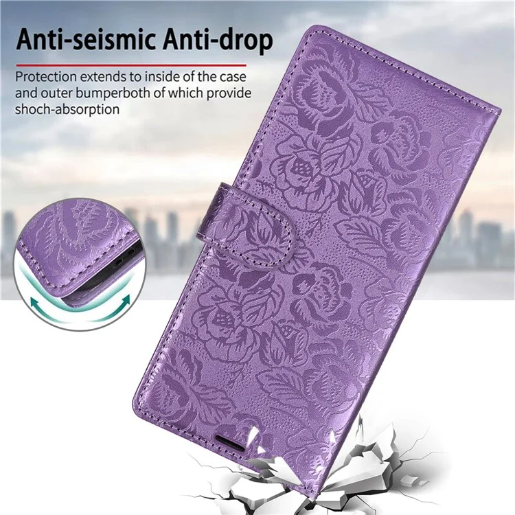 For iPhone 16 Pro Max Case with Hand Strap Flower Imprint Leather Wallet Phone Cover - Purple