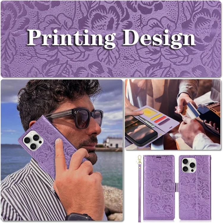 For iPhone 16 Pro Max Case with Hand Strap Flower Imprint Leather Wallet Phone Cover - Purple