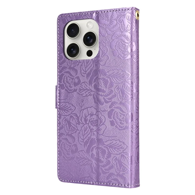 For iPhone 16 Pro Max Case with Hand Strap Flower Imprint Leather Wallet Phone Cover - Purple
