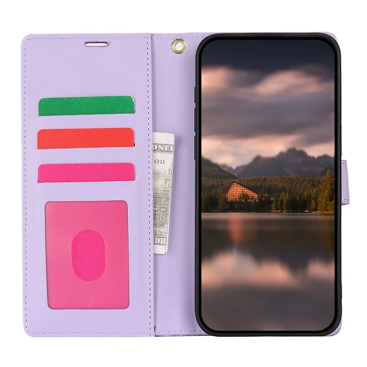 For iPhone 16 Pro Max Case with Hand Strap Flower Imprint Leather Wallet Phone Cover - Purple