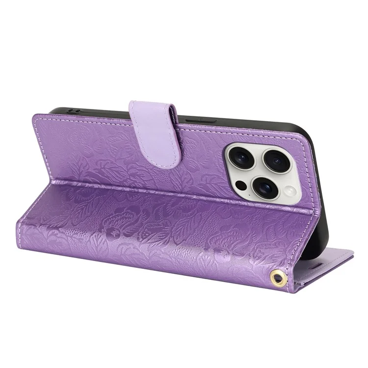 For iPhone 16 Pro Max Case with Hand Strap Flower Imprint Leather Wallet Phone Cover - Purple
