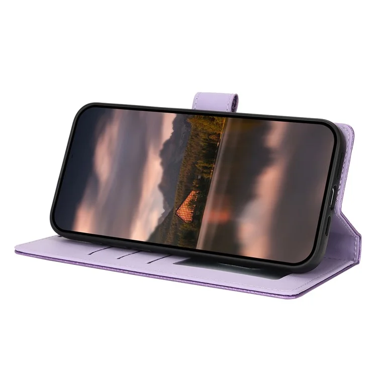 For iPhone 16 Pro Max Case with Hand Strap Flower Imprint Leather Wallet Phone Cover - Purple