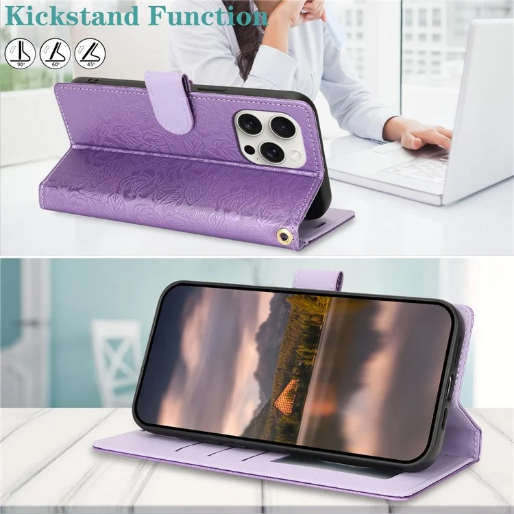 For iPhone 16 Pro Max Case with Hand Strap Flower Imprint Leather Wallet Phone Cover - Purple