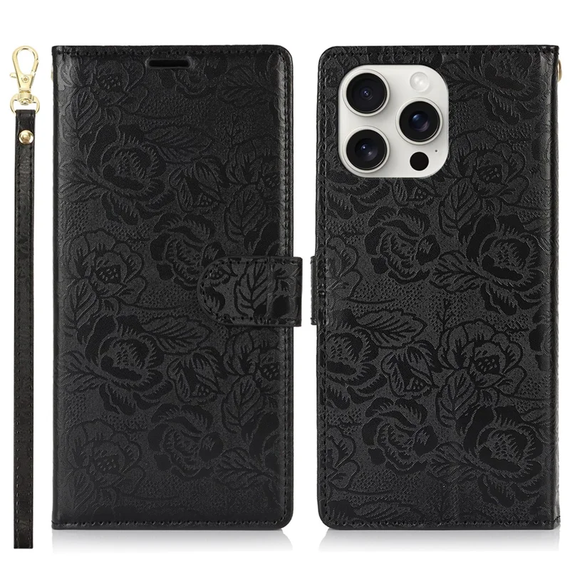 For iPhone 16 Pro Case with Hand Strap Flower Imprint Leather Wallet Phone Cover - Black