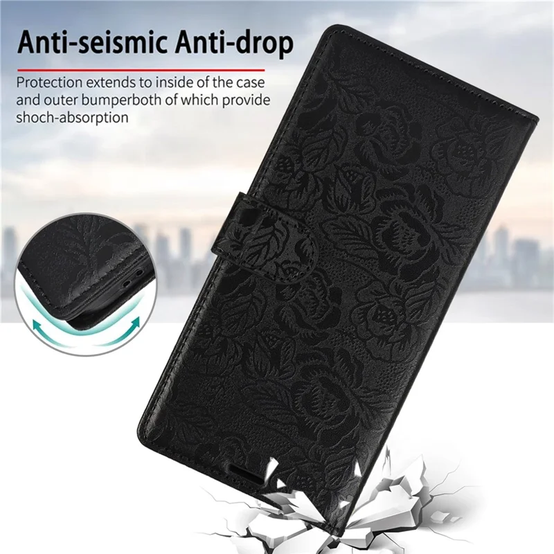 For iPhone 16 Pro Case with Hand Strap Flower Imprint Leather Wallet Phone Cover - Black