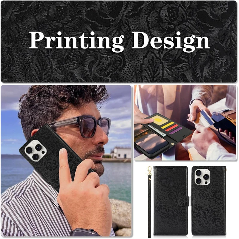 For iPhone 16 Pro Case with Hand Strap Flower Imprint Leather Wallet Phone Cover - Black