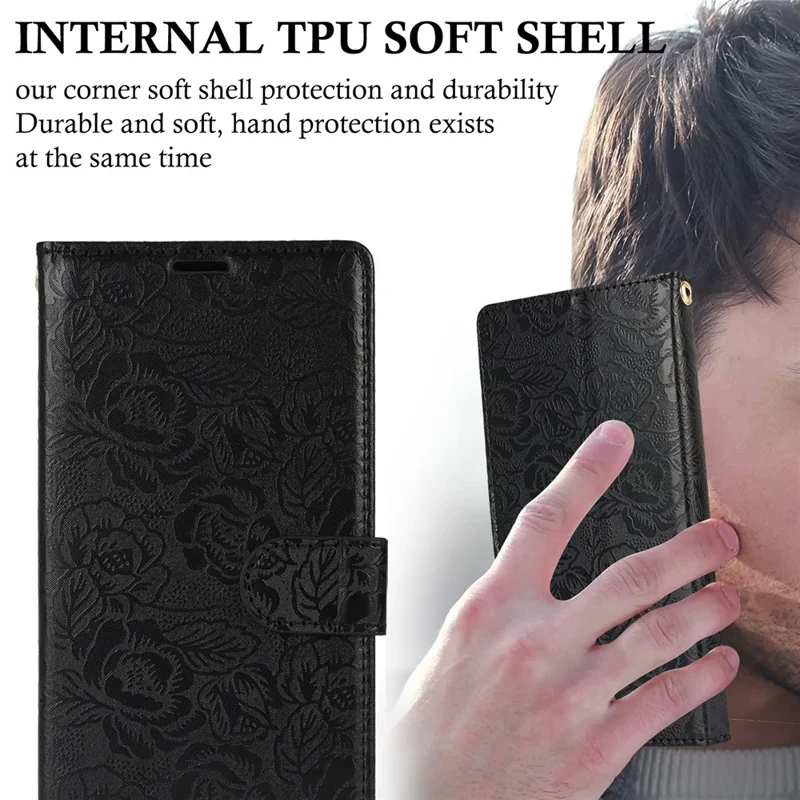 For iPhone 16 Pro Case with Hand Strap Flower Imprint Leather Wallet Phone Cover - Black