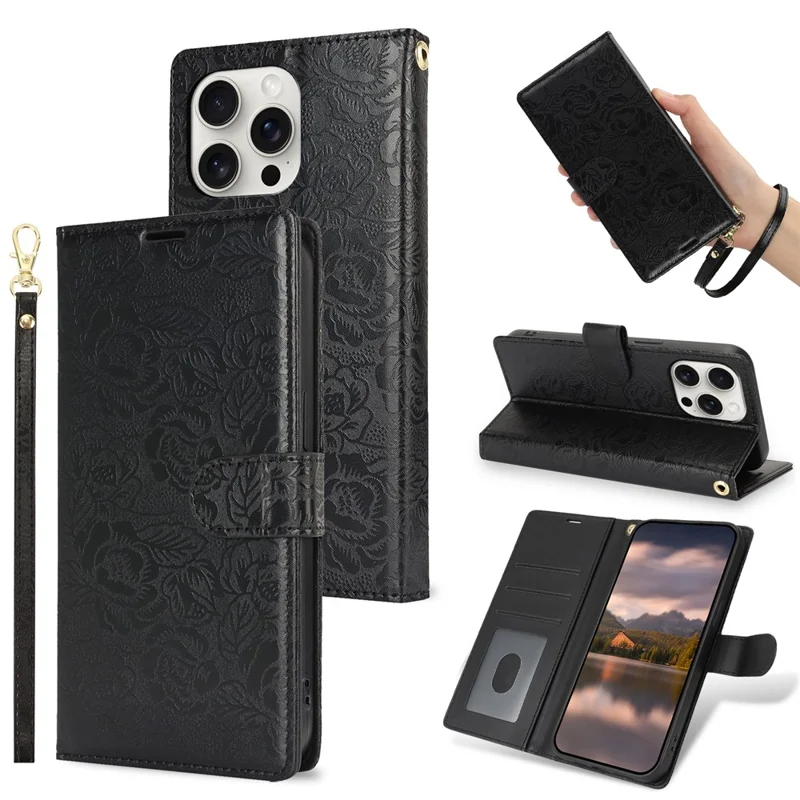 For iPhone 16 Pro Case with Hand Strap Flower Imprint Leather Wallet Phone Cover - Black