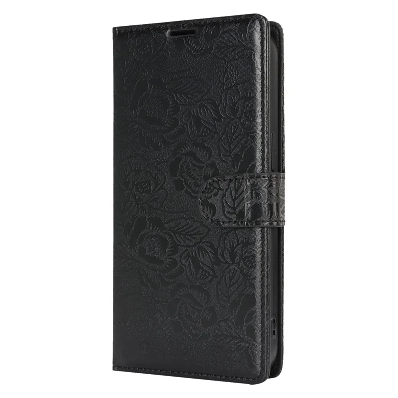 For iPhone 16 Pro Case with Hand Strap Flower Imprint Leather Wallet Phone Cover - Black