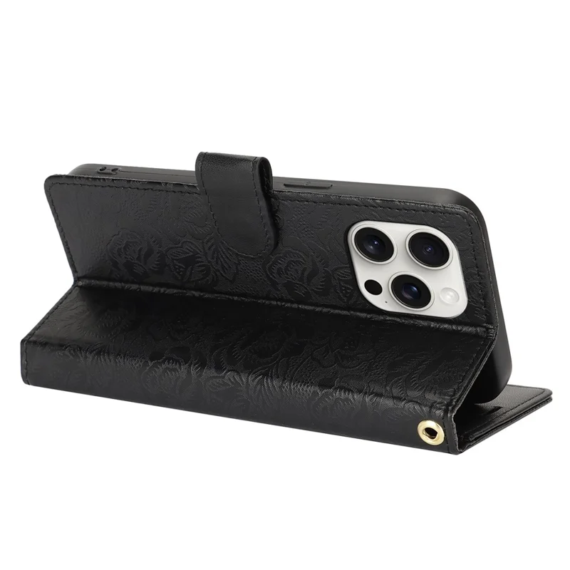 For iPhone 16 Pro Case with Hand Strap Flower Imprint Leather Wallet Phone Cover - Black