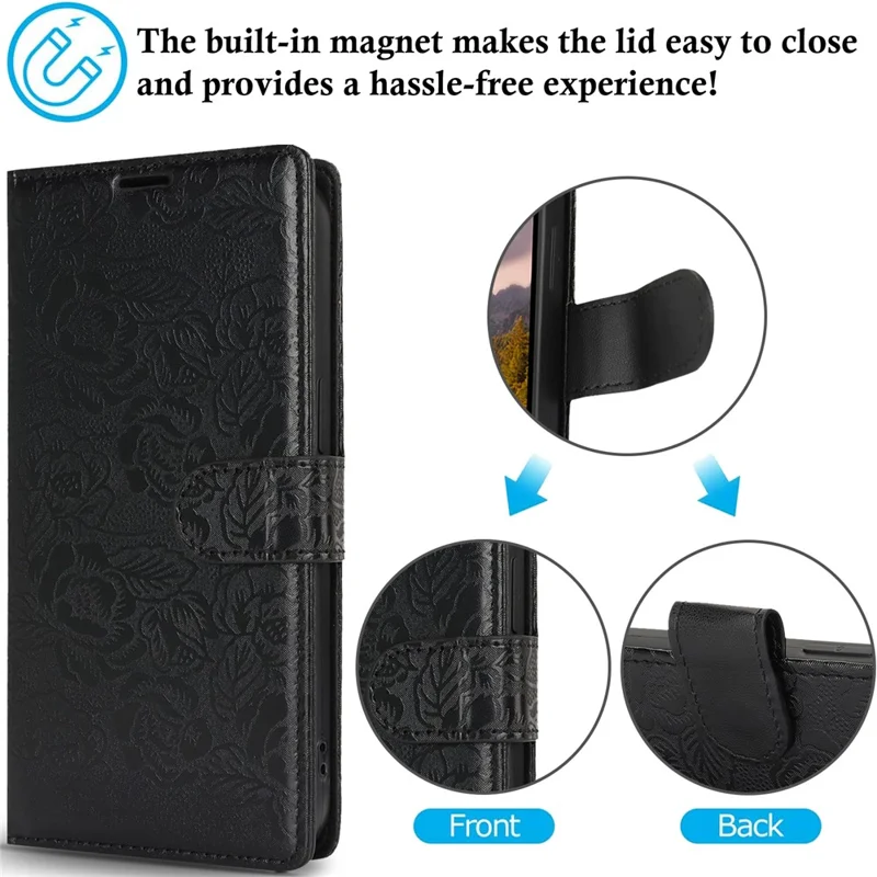 For iPhone 16 Pro Case with Hand Strap Flower Imprint Leather Wallet Phone Cover - Black