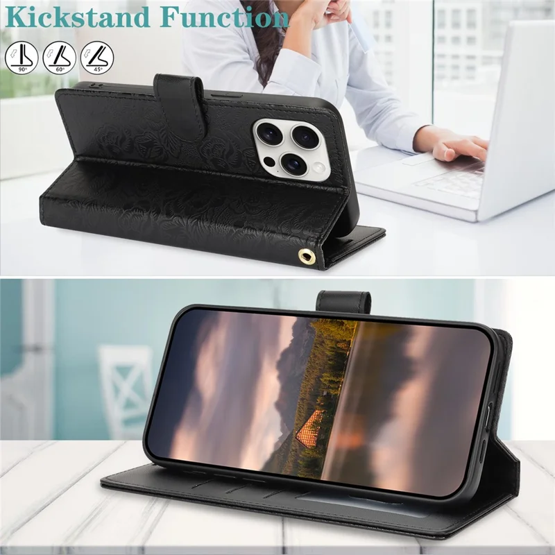 For iPhone 16 Pro Case with Hand Strap Flower Imprint Leather Wallet Phone Cover - Black