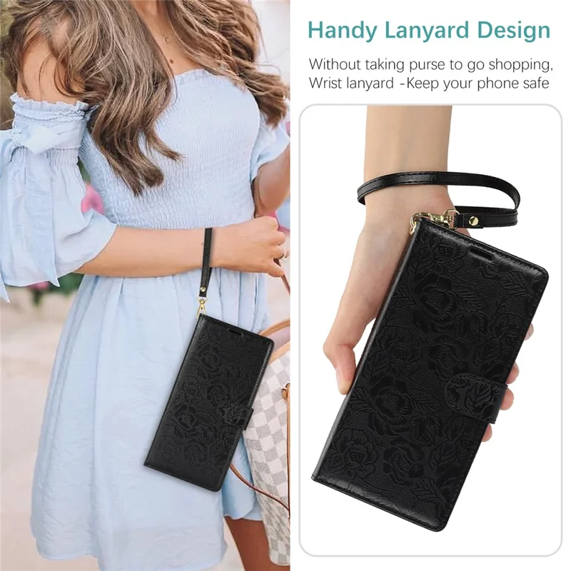 For iPhone 16 Pro Case with Hand Strap Flower Imprint Leather Wallet Phone Cover - Black