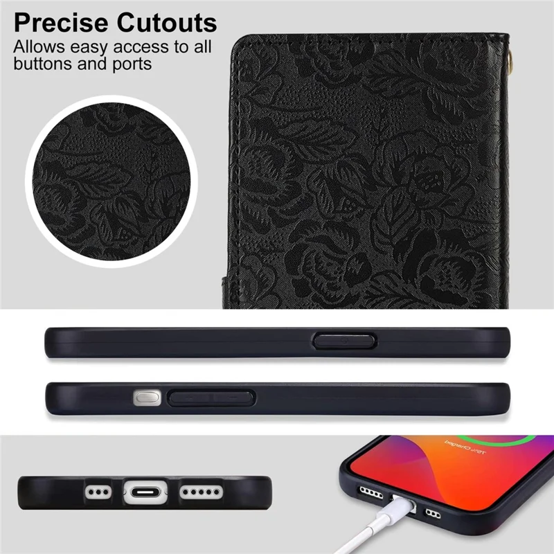For iPhone 16 Pro Case with Hand Strap Flower Imprint Leather Wallet Phone Cover - Black