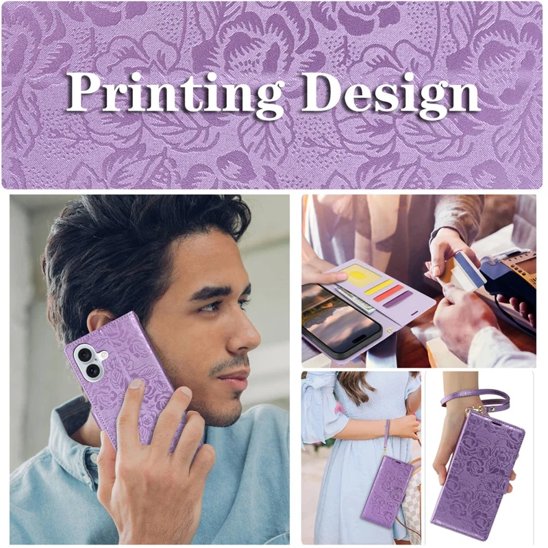For iPhone 16 Plus Case with Hand Strap Flower Imprint Leather Wallet Phone Cover - Purple