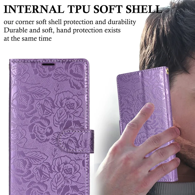 For iPhone 16 Plus Case with Hand Strap Flower Imprint Leather Wallet Phone Cover - Purple