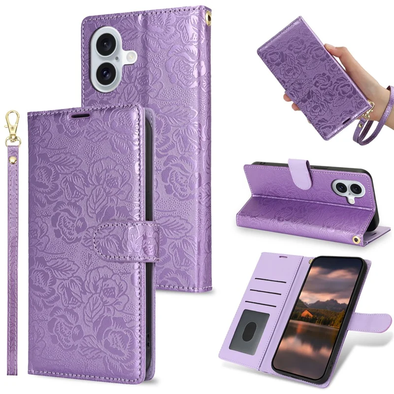 For iPhone 16 Plus Case with Hand Strap Flower Imprint Leather Wallet Phone Cover - Purple